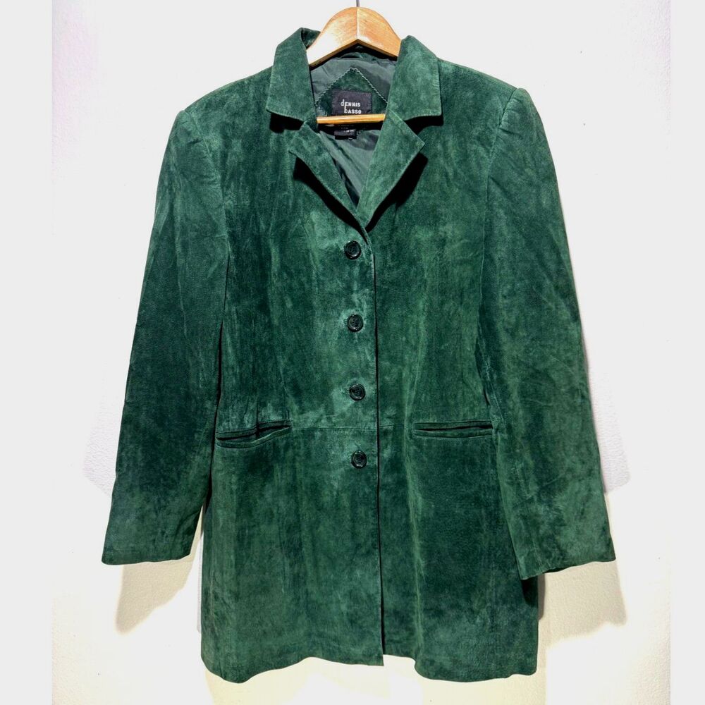 Dennis Basso 100% leather suede jacket forest green classic winter casual womenL